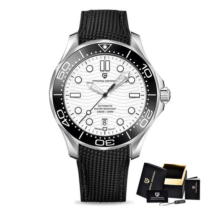 Montre automatique Pagani Design Pulseverse PD-1685 pour homme avec cadran blanc, lunette noire et bracelet en silicone noir