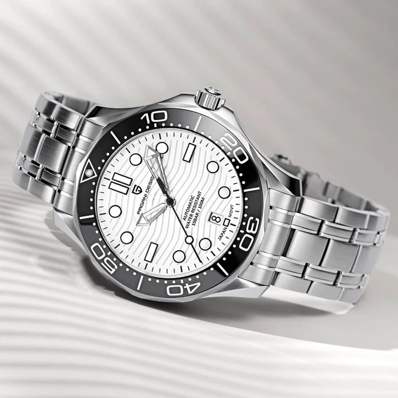 Montre automatique Pagani Design  Pulseverse PD-1685 de style luxe pour homme, avec cadran blanc et bracelet en acier inoxydable