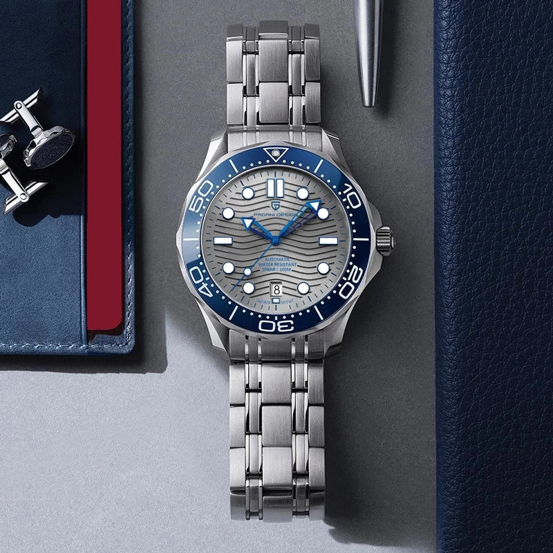 Montre automatique Pagani Design Pulseverse PD-1685 pour homme avec cadran bleu, lunette noire et bracelet en acier inoxydable standard