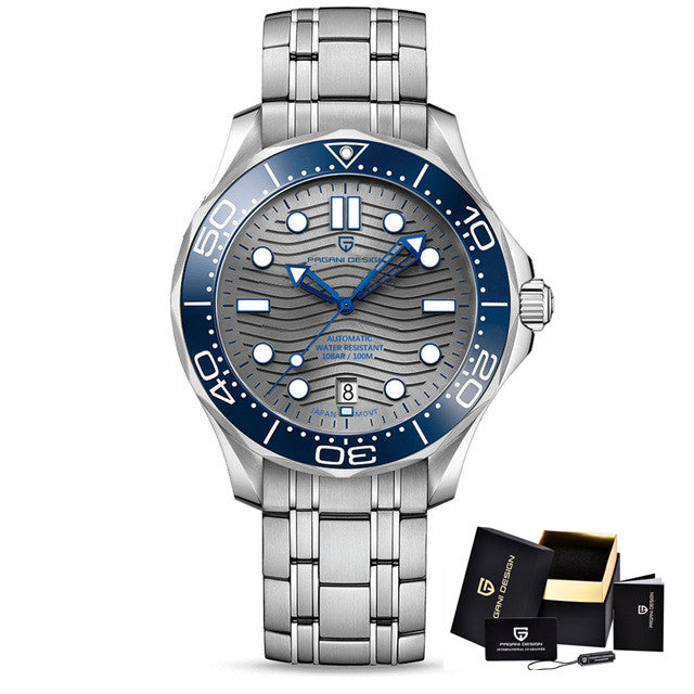 Montre automatique Pagani Design Pulseverse PD-1685 pour homme avec cadran bleu, lunette noire et bracelet en acier inoxydable standard