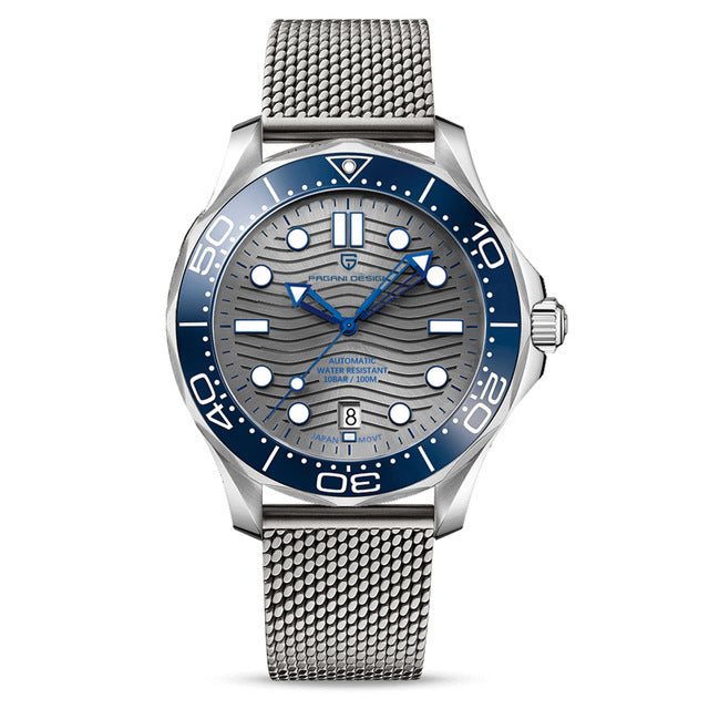 Montre automatique Pagani Pulseverse Design PD-1685 pour homme avec cadran bleu et bracelet en maille milanaise en acier