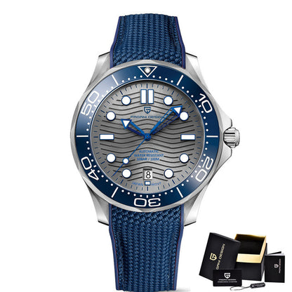 Montre de plongée automatique Pulseverse Pagani Design PD-1685 pour homme avec cadran bleu, lunette noire et bracelet en silicone bleu