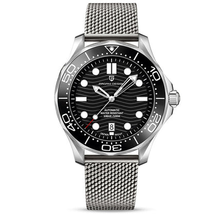 Montre automatique Pagani Pulseverse Design PD-1685 pour homme avec cadran noir et bracelet en maille milanaise en acier