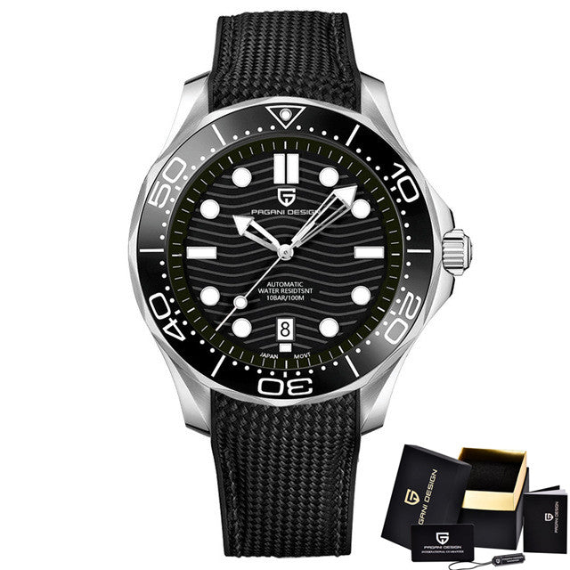 Montre automatique Pagani Pulseverse Design PD-1685 pour homme avec cadran noir, lunette noire et bracelet en silicone noir