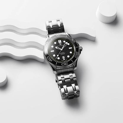 Montre automatique Pagani Design Pulseverse PD-1685 pour homme avec cadran noir ondulé, bracelet en acier inoxydable et coffret de présentation 