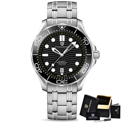 Montre automatique Pagani Design PD-1685 pour homme avec cadran noir ondulé, bracelet en acier inoxydable et coffret de présentation Pulseverse