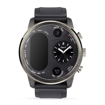 Montre connectée de sport T3 avec son bracelet en silicone noir et son cadran affichant l'heure et la fréquence cardiaque.