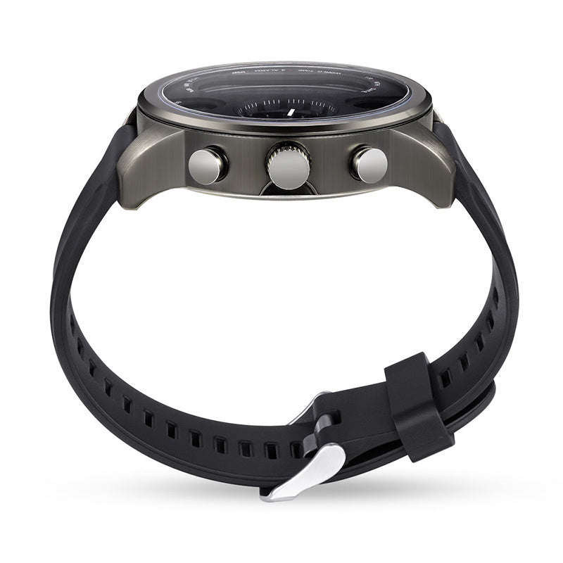 Montre connectée de sport T3 avec son bracelet en silicone noir et son cadran affichant l'heure et la fréquence cardiaque