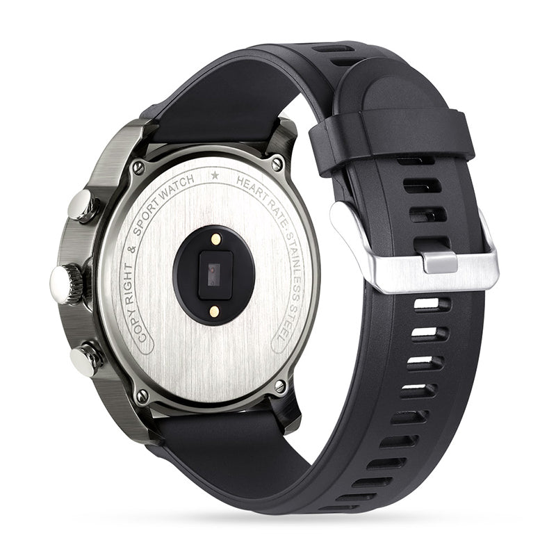 Montre connectée de sport T3 avec son bracelet en silicone noir et son cadran affichant l'heure et la fréquence cardiaque