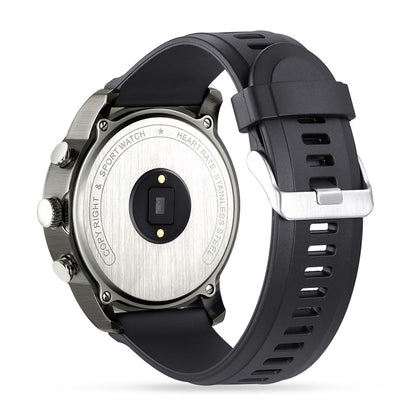 Montre connectée de sport T3 avec son bracelet en silicone noir et son cadran affichant l'heure et la fréquence cardiaque