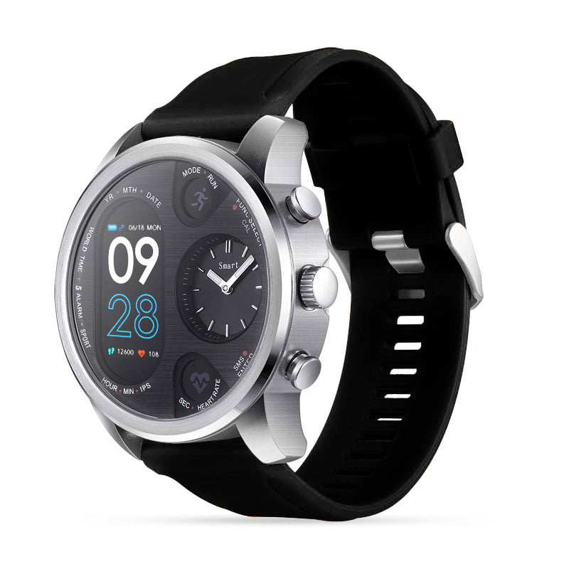 Montre connectée de sport T3 avec son bracelet en silicone noir et son cadran affichant l'heure et la fréquence cardiaque