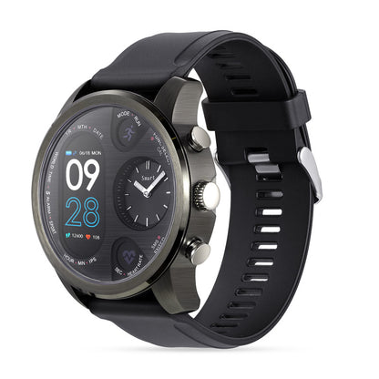 Montre connectée de sport T3 avec son bracelet en silicone noir et son cadran affichant l'heure et la fréquence cardiaque