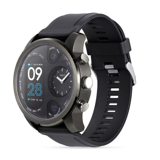 Montre connectée de sport T3 avec son bracelet en silicone noir et son cadran affichant l'heure et la fréquence cardiaque