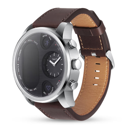 Montre connectée T3 avec un élégant bracelet en cuir marron, alliant technologie sportive et style classique