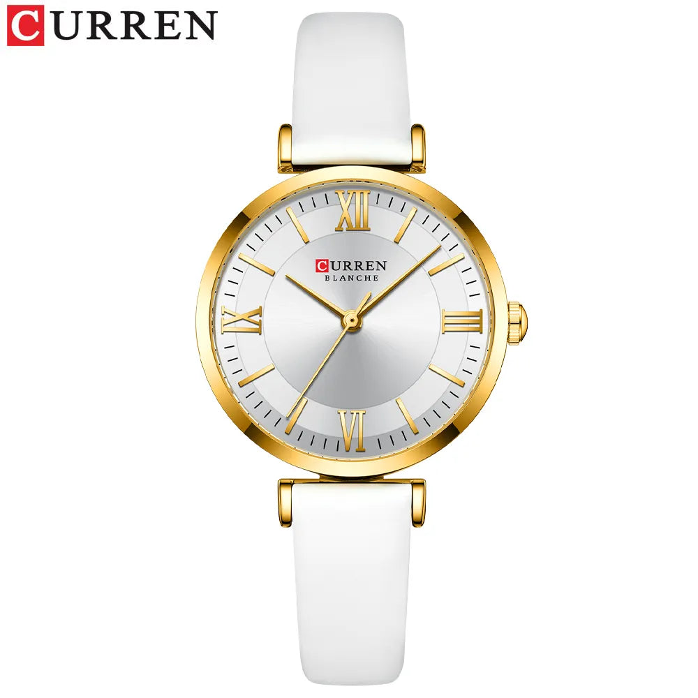 Montre classique pour femme Curren avec un bracelet en cuir blanc, idéale pour un style épuré