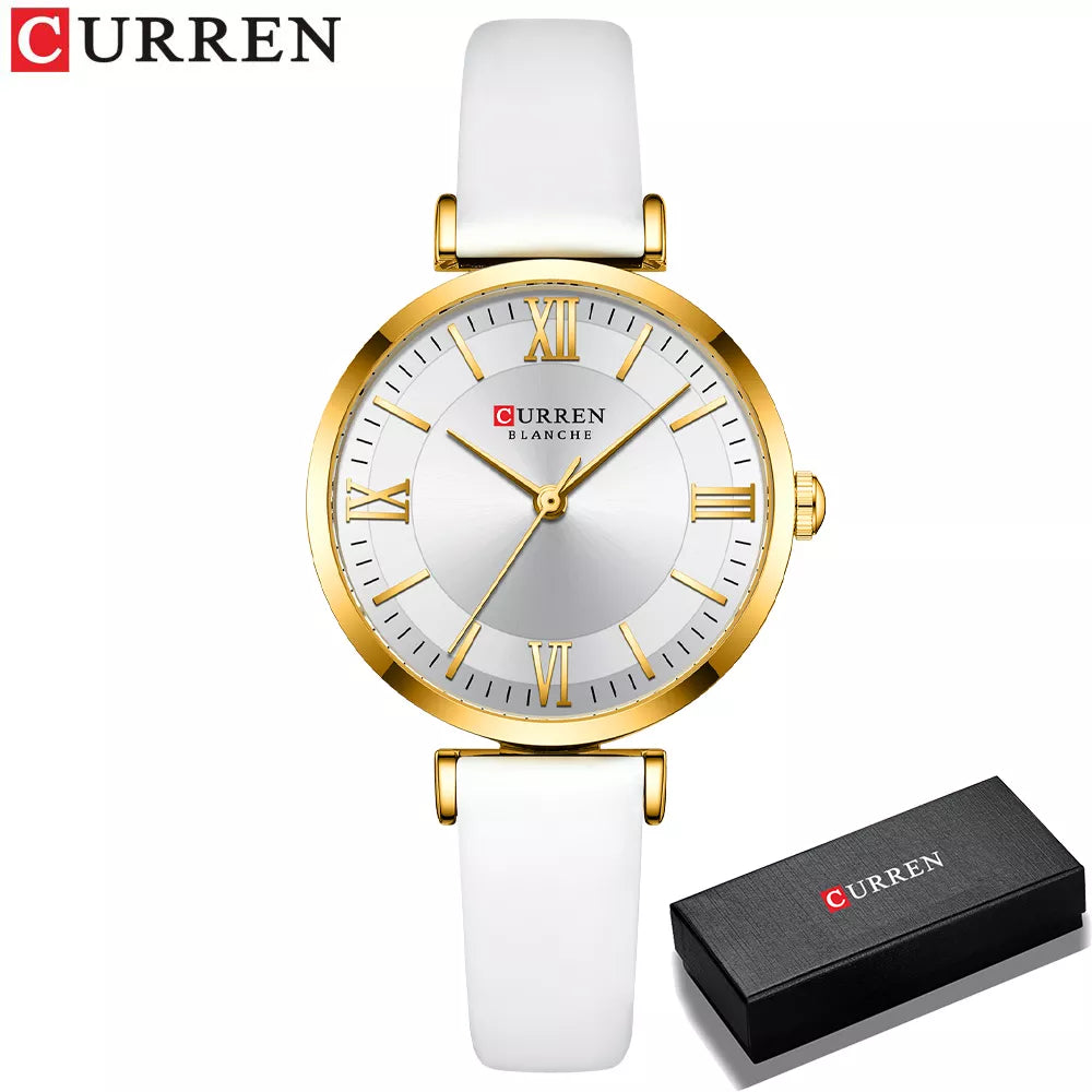 Montre élégante Curren 9079 avec bracelet en cuir blanc et coffret cadeau assorti