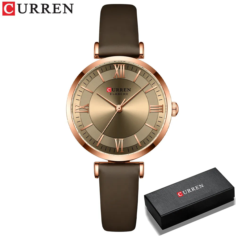 Montre femme Curren 9079 avec bracelet en cuir couleur café présentée dans un élégant coffret cadeau, idéale pour offrir