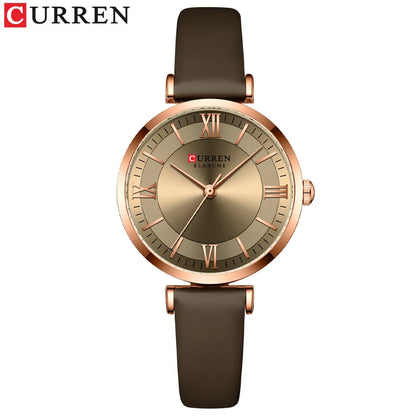 Montre femme Curren 9079 avec bracelet en cuir marron (couleur café) et boîtier rosé