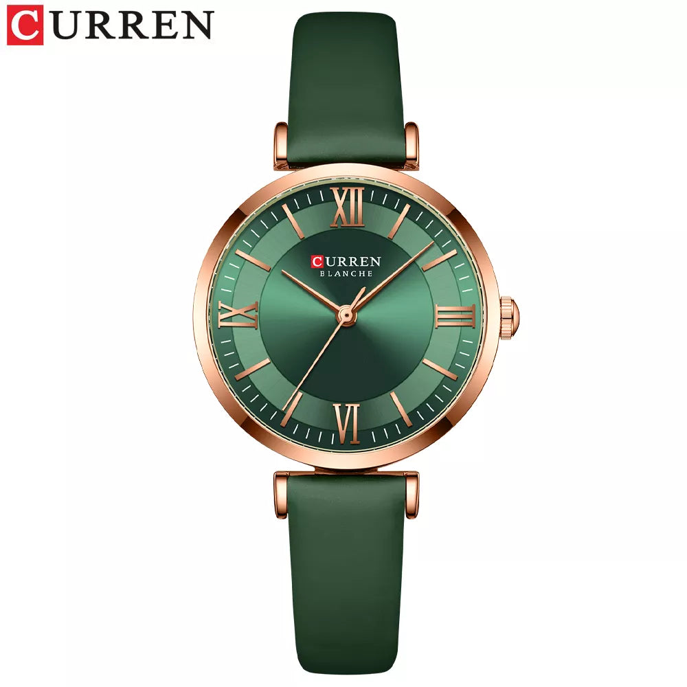 Montre élégante pour femme de marque Curren avec un bracelet en cuir vert et un cadran assorti à chiffres romains