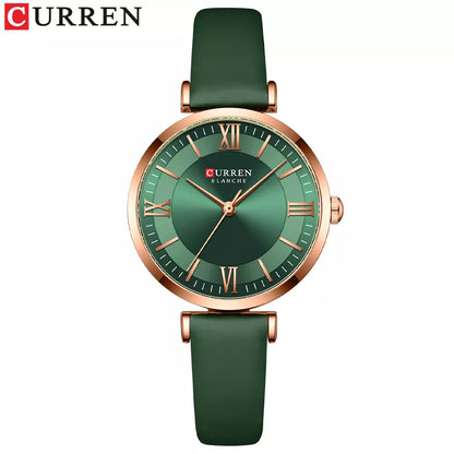 Montre élégante pour femme de marque Curren avec un bracelet en cuir vert et un cadran assorti à chiffres romains
