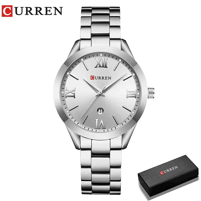 Montre femme Pulseverse CURREN 9007 argentée et cadran blanc, présentée dans son coffret cadeau