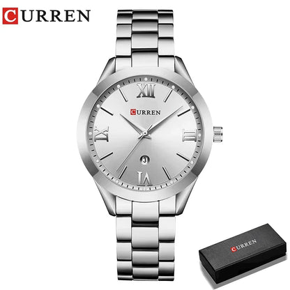 Montre femme Pulseverse CURREN 9007 argentée et cadran blanc, présentée dans son coffret cadeau