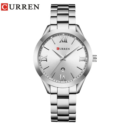 Montre femme Pulseverse CURREN 9007 élégante avec boîtier argenté, cadran blanc minimaliste et bracelet en acier