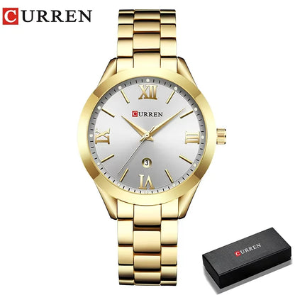Montre femme Pulseverse CURREN 9007 dorée et cadran blanc, présentée dans son coffret cadeau