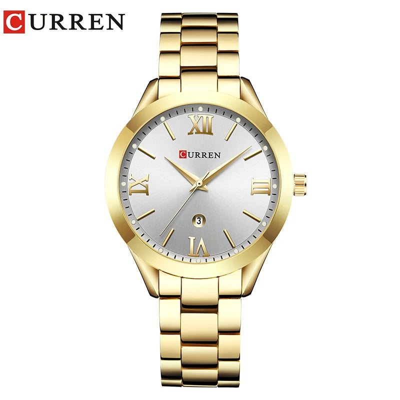 Montre femme Pulseverse CURREN 9007 élégante avec boîtier doré, cadran blanc épuré et bracelet en acier bicolore