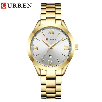 Montre femme Pulseverse CURREN 9007 élégante avec boîtier doré, cadran blanc épuré et bracelet en acier bicolore