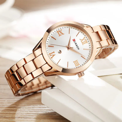 Montre femme Pulseverse CURREN 9007 avec boîtier rose gold, cadran blanc minimaliste et bracelet en acier bicolore