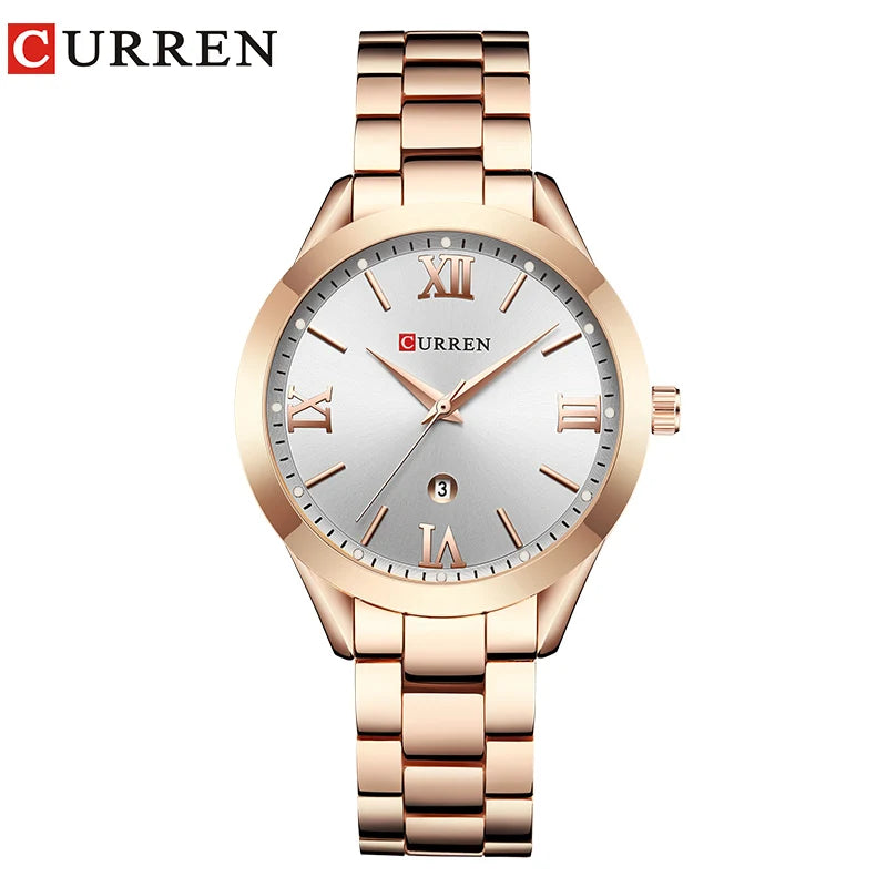 Montre femme Pulseverse CURREN 9007 avec boîtier rose gold, cadran blanc minimaliste et bracelet en acier bicolore.