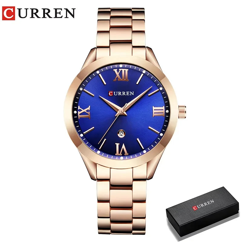 Montre femme Pulseverse CURREN 9007 avec boîtier rose gold, cadran bleu profond et bracelet en acier bicolore