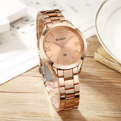 Montre femme Pulseverse CURREN 9007 avec boîtier rose gold, cadran rose gold épuré et bracelet en acier bicolore rose gold et argenté