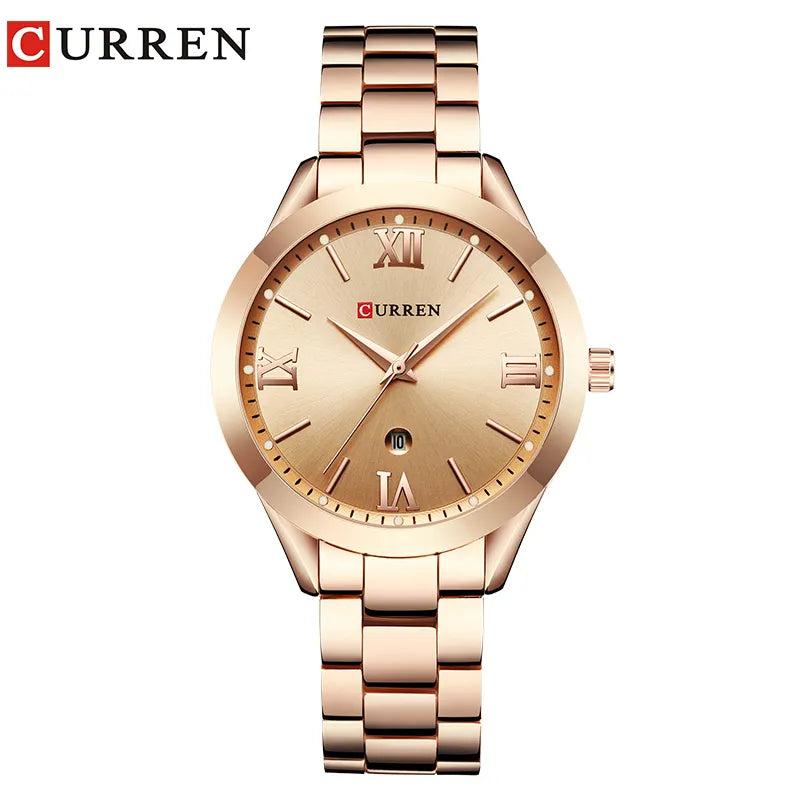 Montre femme Pulseverse CURREN 9007 avec boîtier rose gold, cadran rose gold épuré et bracelet en acier bicolore rose gold et argenté