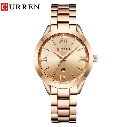 Montre femme Pulseverse CURREN 9007 avec boîtier rose gold, cadran rose gold épuré et bracelet en acier bicolore rose gold et argenté