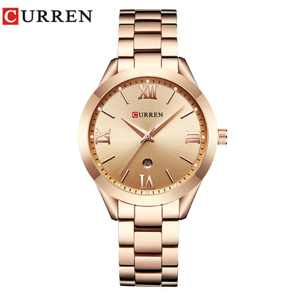 Montre femme Pulseverse CURREN 9007 avec boîtier rose gold, cadran rose gold épuré et bracelet en acier bicolore rose gold et argenté