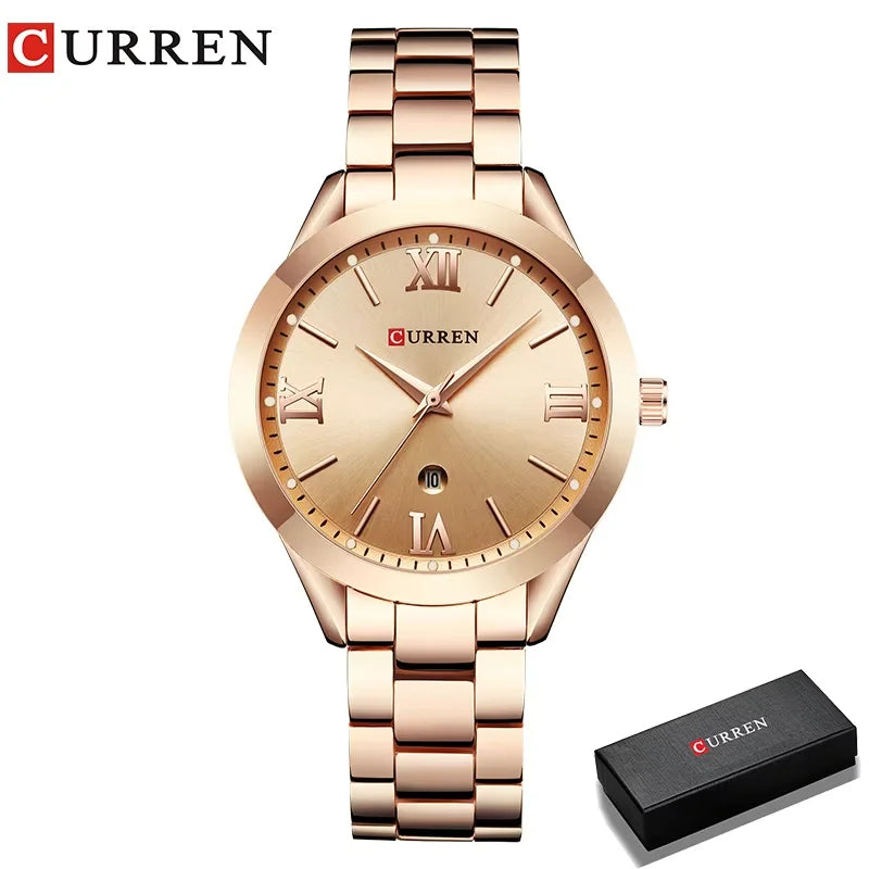 Montre femme Pulseverse CURREN 9007 avec boîtier rose gold, cadran rose gold épuré et bracelet en acier bicolore rose gold et argenté livrée dans son coffret cadeau