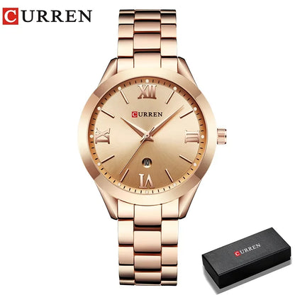 Montre femme Pulseverse CURREN 9007 avec boîtier rose gold, cadran rose gold épuré et bracelet en acier bicolore rose gold et argenté livrée dans son coffret cadeau