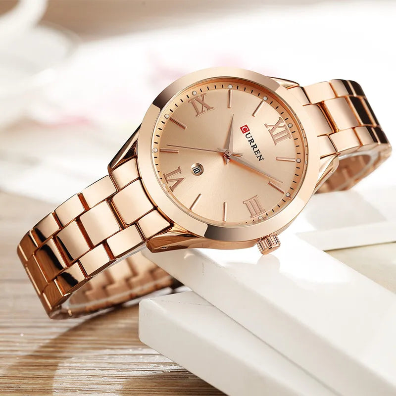 Montre femme Pulseverse CURREN 9007 avec boîtier rose gold, cadran rose gold épuré et bracelet en acier bicolore rose gold et argenté