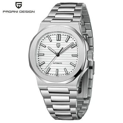 Montre homme automatique Pulseverse Pagani Design 2025 pour homme, cadran blanc, verre saphir, bracelet en acier inoxydable argenté