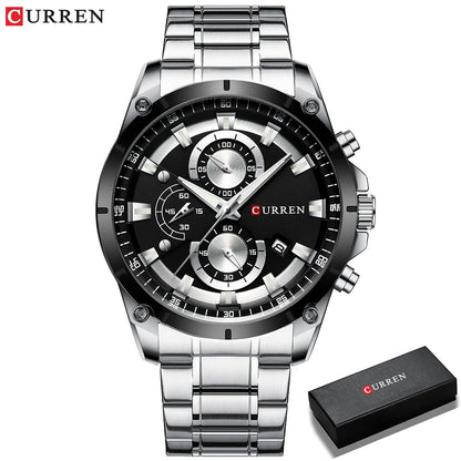 Montre homme Curren 8360 Pulseverse avec cadran noir et bracelet en acier argenté, présentée dans son coffret cadeau