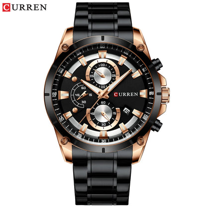 Montre homme Curren 8360 Pulseverse à mouvement quartz, cadran noir et bracelet en acier noir, style moderne.