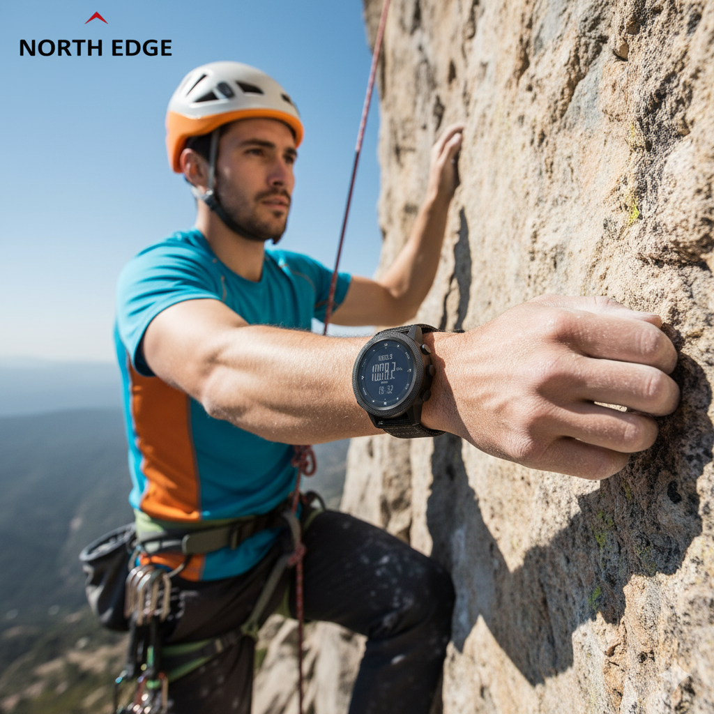 Montre de randonnée North Edge Apache-46 Pulseverse affichant l'altitude, la température et l'heure sur son cadran digital noir
Alpiniste portant au poignet la montre outdoor North Edge Apache-46 durant une ascension en montagne