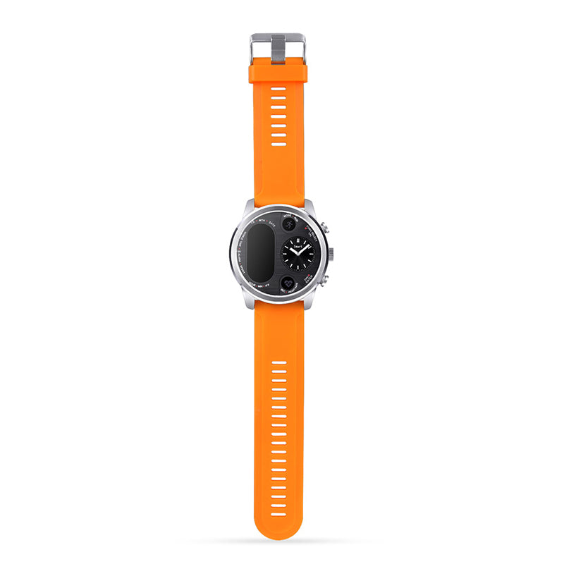 La montre T3 avec son bracelet orange en silicone posée à plat pour montrer sa flexibilité et sa couleur vive