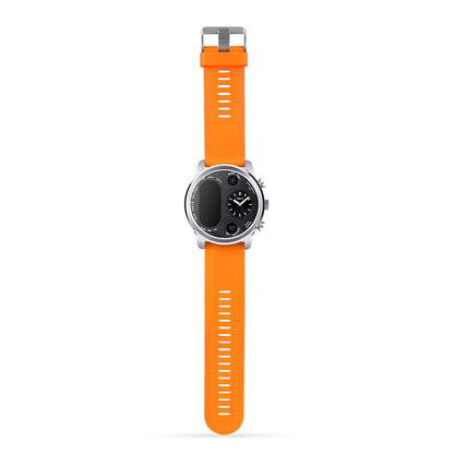 La montre T3 avec son bracelet orange en silicone posée à plat pour montrer sa flexibilité et sa couleur vive