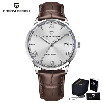 Montre homme automatique Pulseverse Pagani Design PD-1759 pour homme, cadran blanc, verre saphir, bracelet en cuir marron